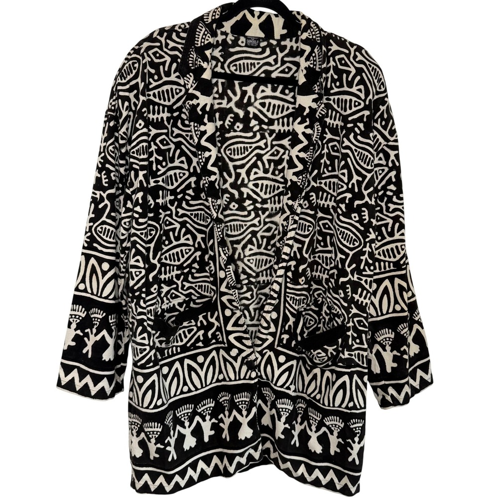 VTG Sam Hilu Tribal Print Art to Wear Blazer Jacket XL Black White‎ Boho Indie